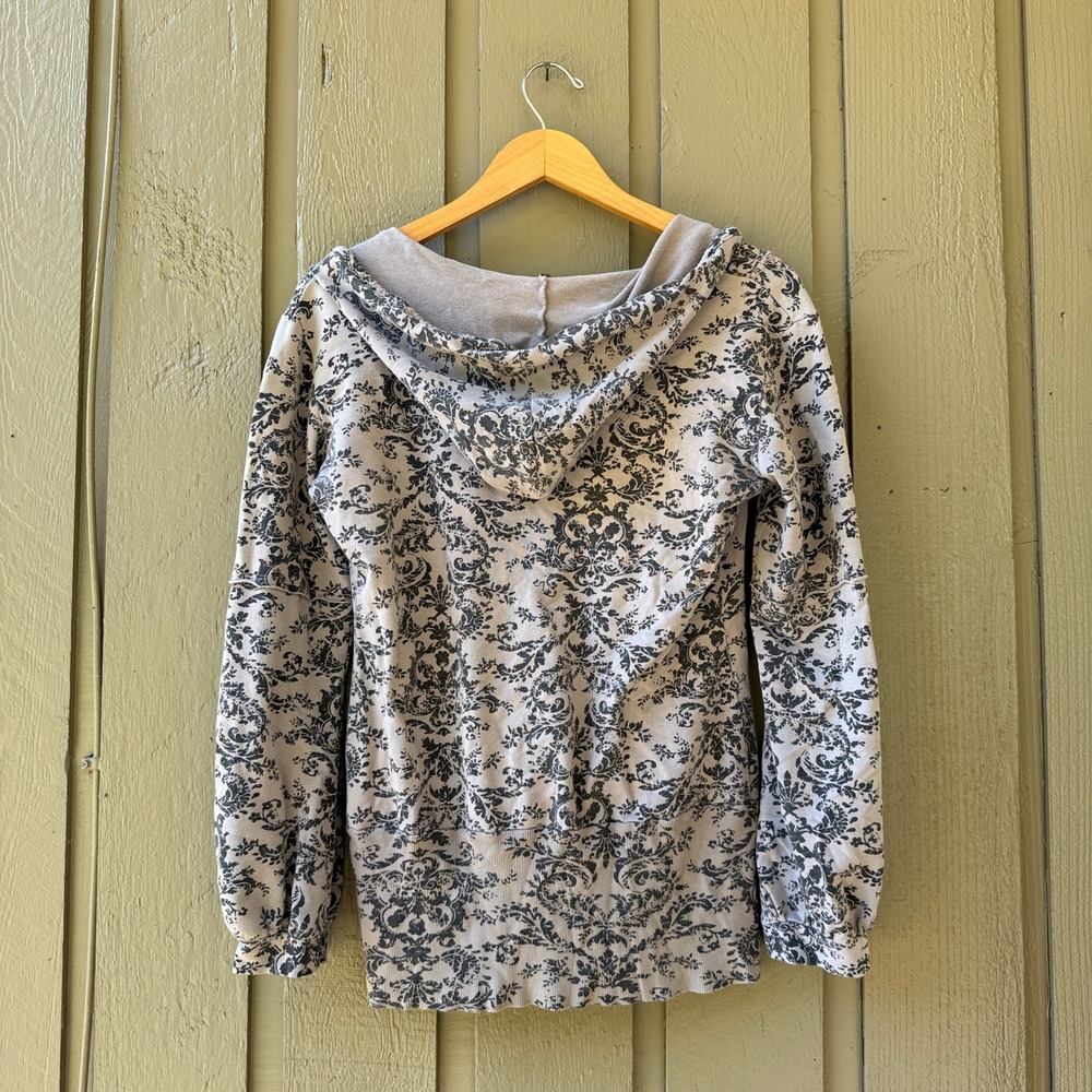 Cubism Damask Print Hoodie Women Medium V-Neck Raw Edge Boho Gray D06-1078 - Picture 6 of 6